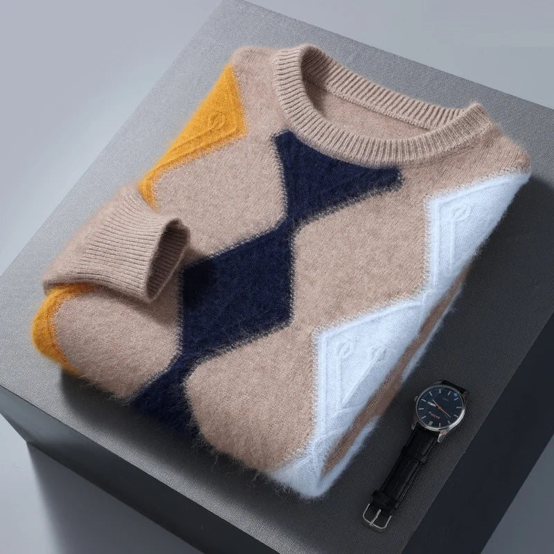 Men's Brushed Knit Argyle Sweater with Ribbed Cuffs | Savonti - Camel