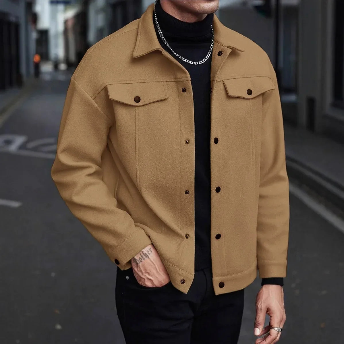Men's Wool Look Jacket with Button Front | Savoni - Brown