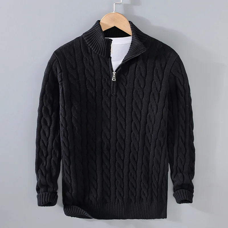 Men's Cable Knit Half-Zip Sweater with Collar | Arden - Black