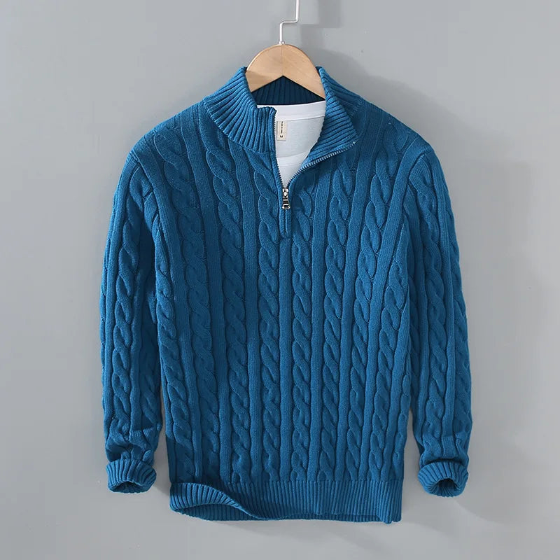 Men's Cable Knit Half-Zip Sweater with Collar | Arden - Navy Blue