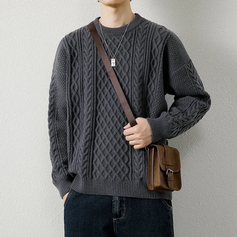 Men's Diamond Cable Knit Sweater with Crew Neck | Arden - Gray