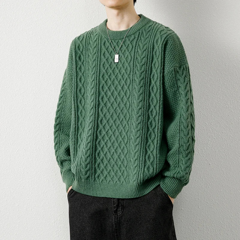 Men's Diamond Cable Knit Sweater with Crew Neck | Arden - Green