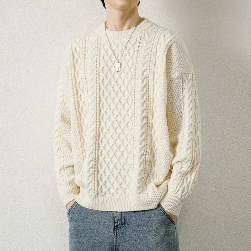 Men's Diamond Cable Knit Sweater with Crew Neck | Arden - White