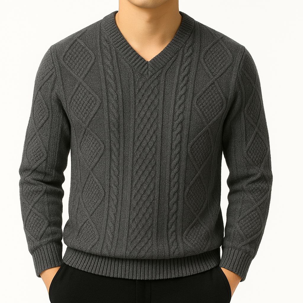 Men's Cable Knit V-Neck Sweater, Long Sleeve | Savoni - Gray