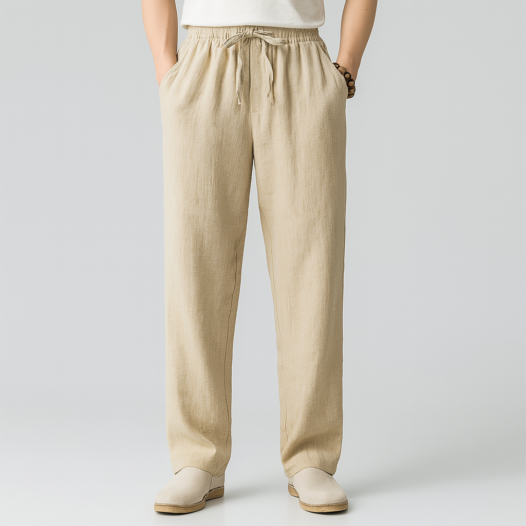 Men's Linen-Look Trousers with Drawstring Waist | Avani - Khaki