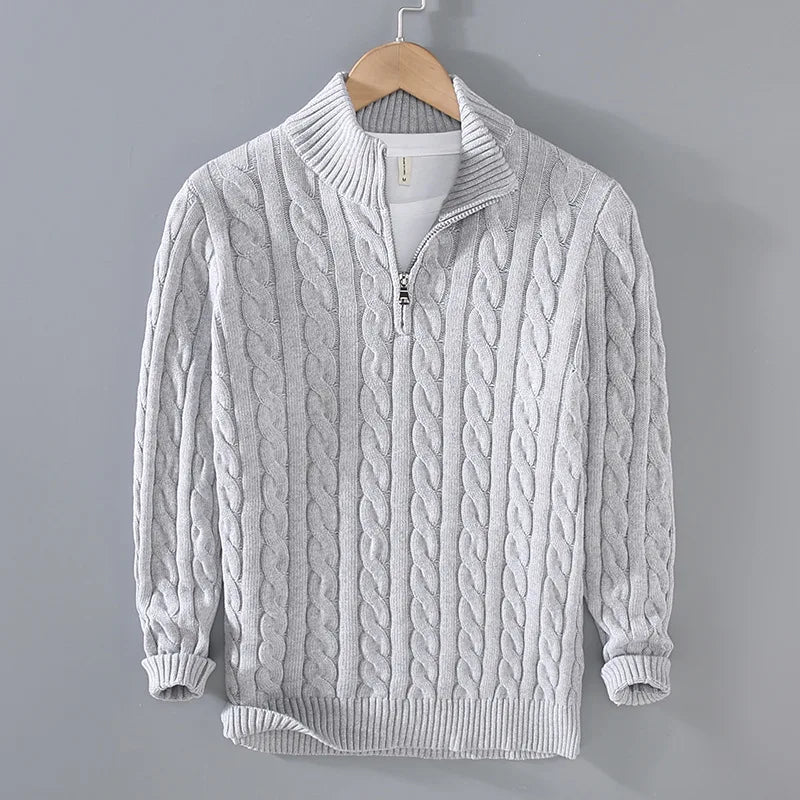 Men's Cable Knit Half-Zip Sweater with Collar | Arden - Gray