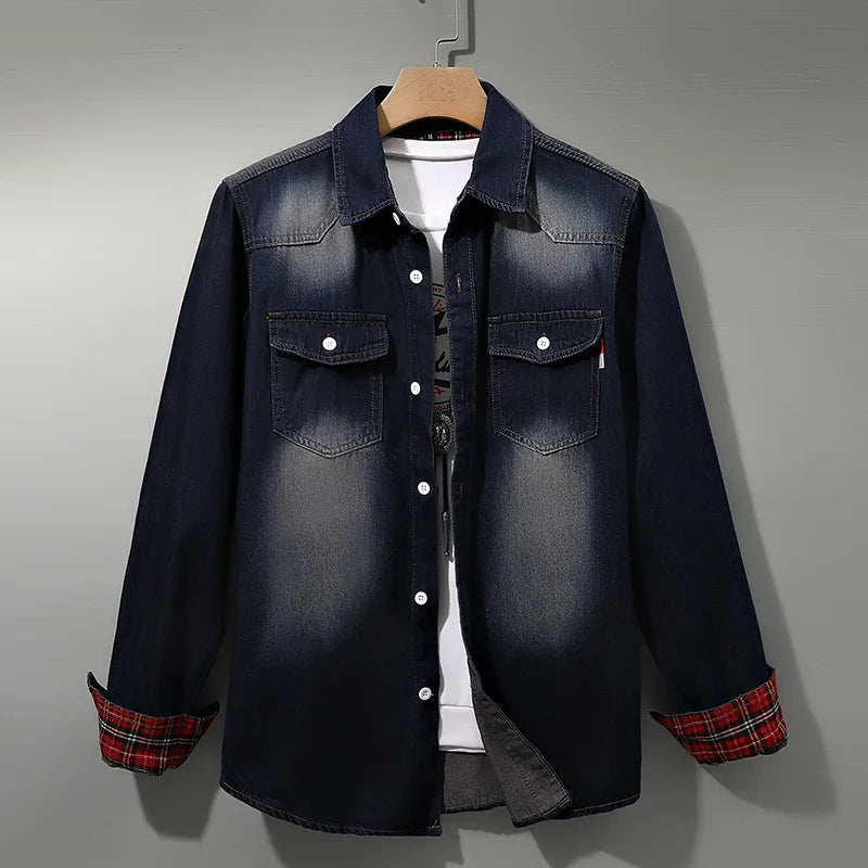 Men's Denim Button-Up Shirt with Plaid Cuffs | Savoni - Dark Blue