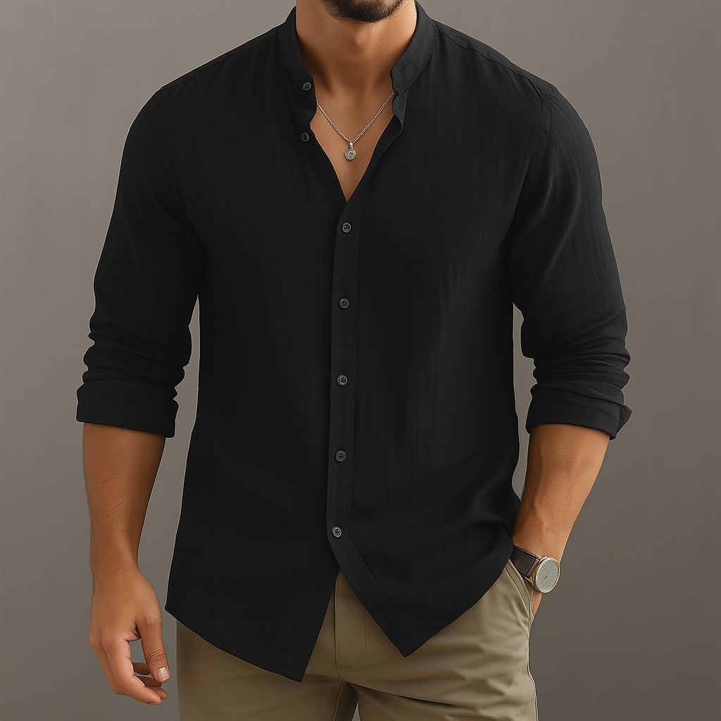 Men's Linen-Look Button-Up Shirt with Band Collar | Avani - Black