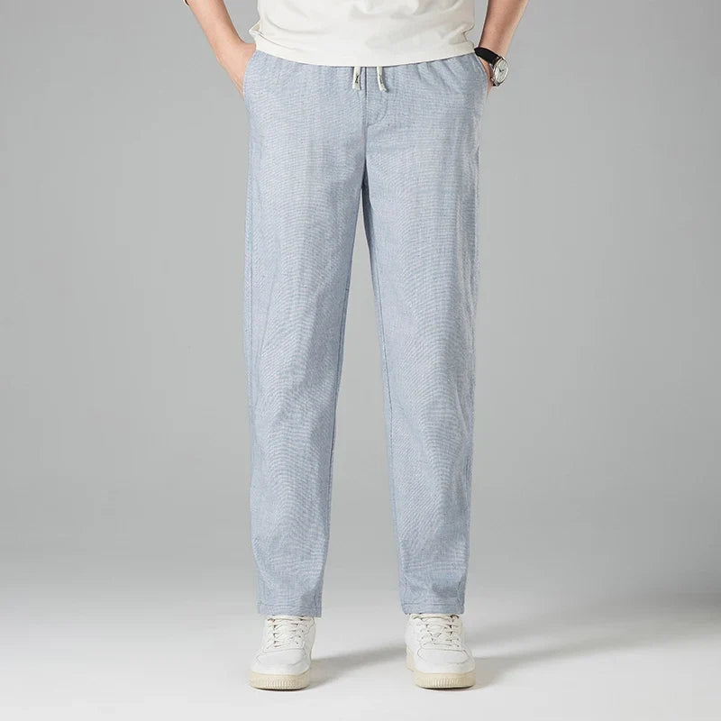 Men's Linen-Look Drawstring Trousers with Open Weave | Arden - Blue