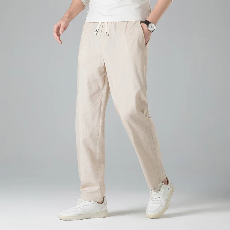 Men's Linen-Look Drawstring Trousers with Open Weave | Arden - Khaki