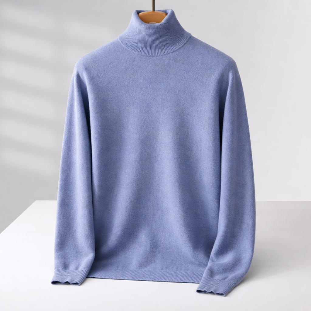 Men's Fine Knit Turtleneck Sweater with Fold Collar | Savonti - Blue