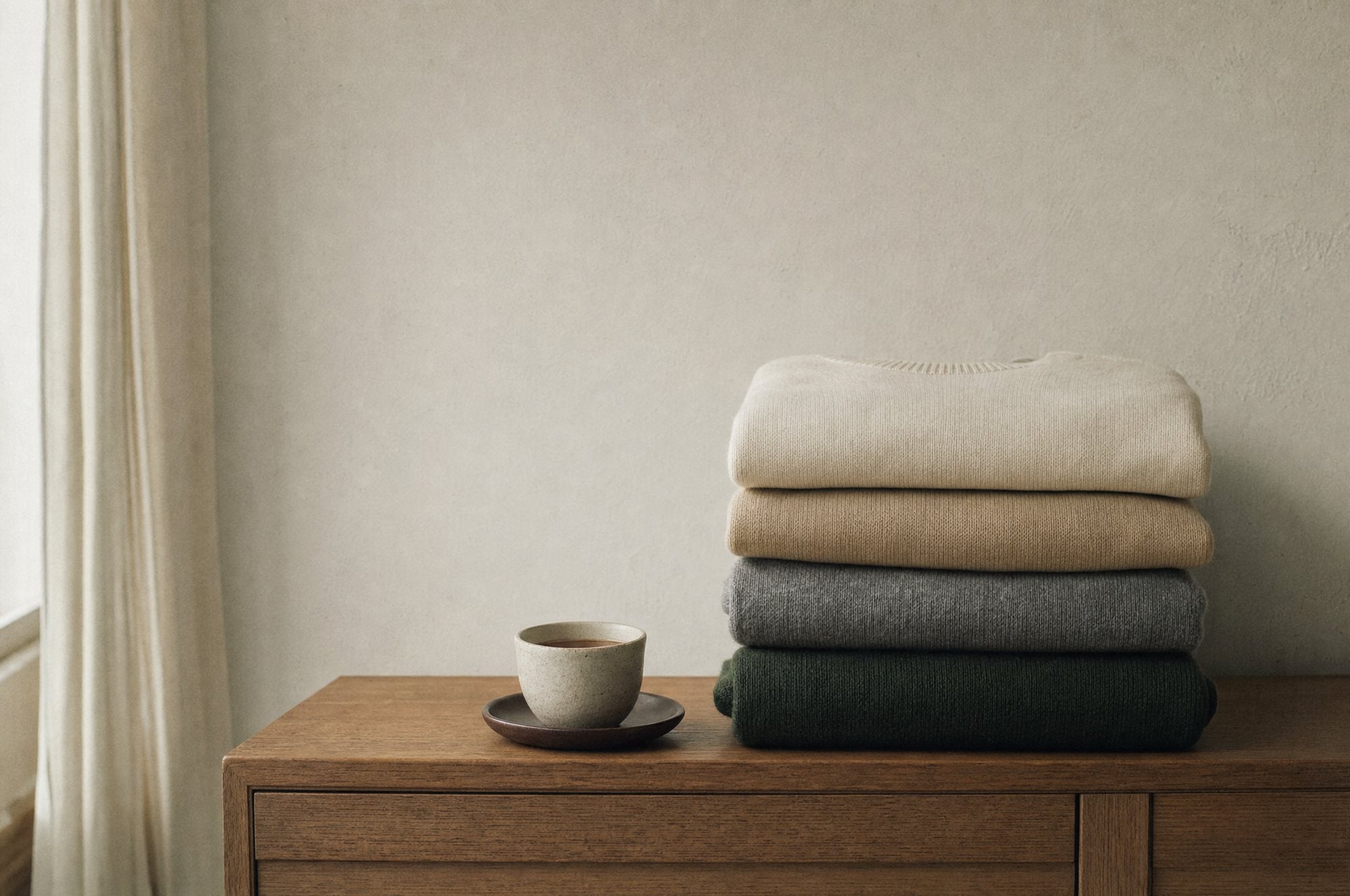 Folded fine knitwear in cream, camel, grey and green