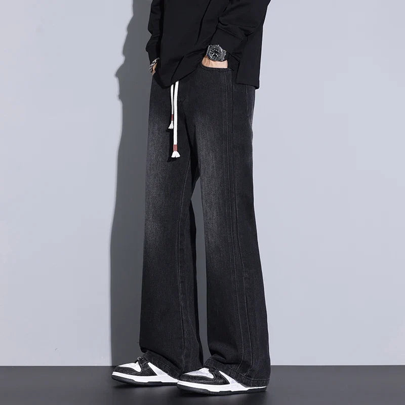 Men's Wide-Leg Denim Jeans with Drawstring | Arden - Black