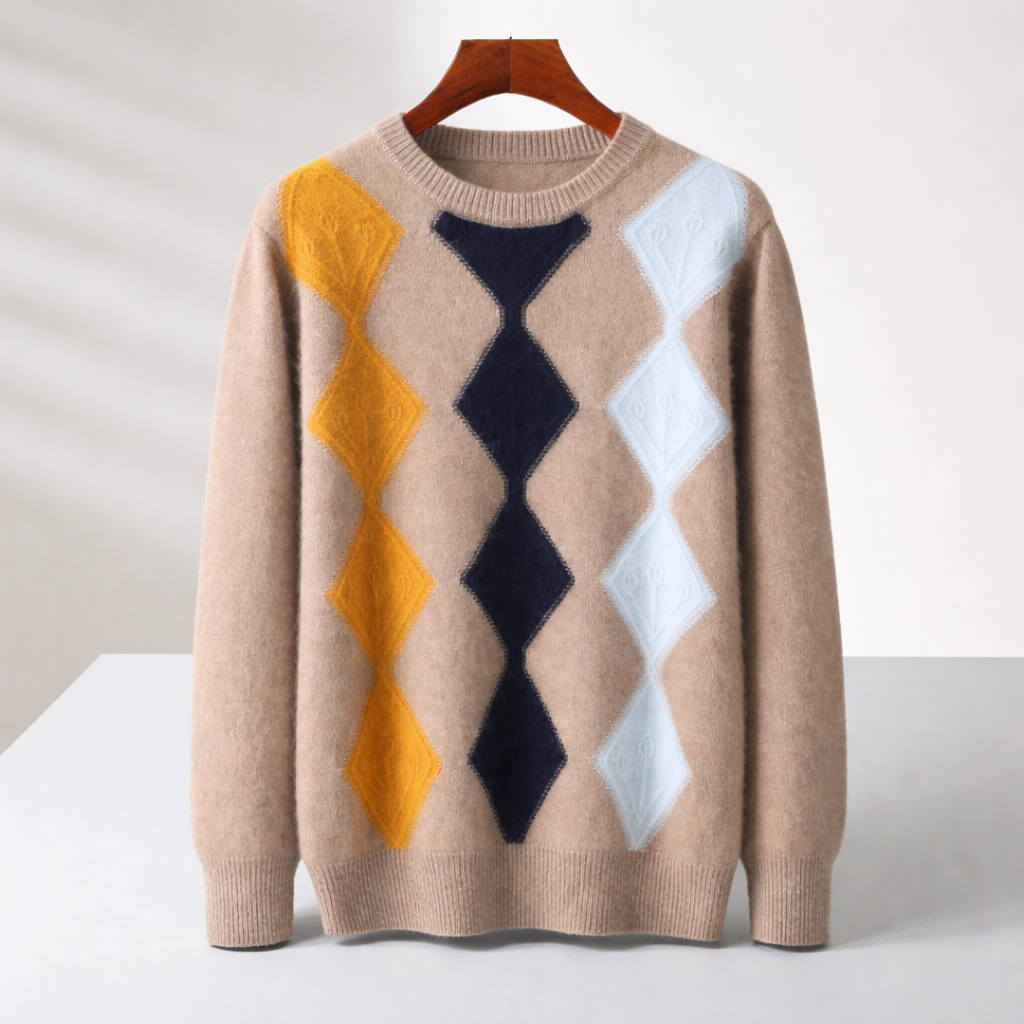 Men's Brushed Knit Argyle Sweater with Ribbed Cuffs | Savonti