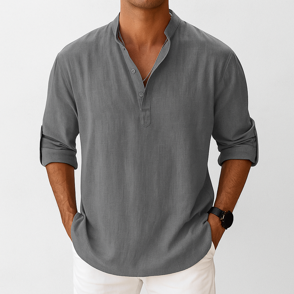 Men's Linen-Look Popover Shirt with Half Placket | Arden - Gray