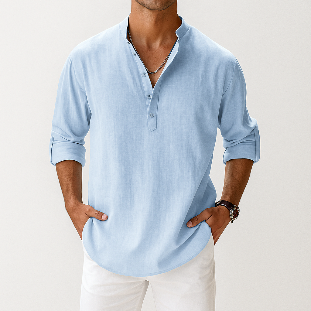Men's Linen-Look Popover Shirt with Half Placket | Arden - Blue
