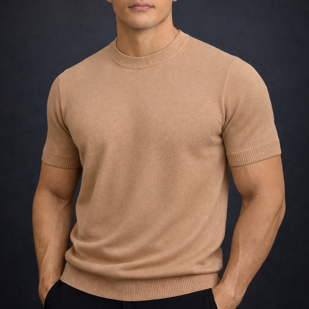 Men's Knitted T-Shirt with Crew Neck | Savino - Camel