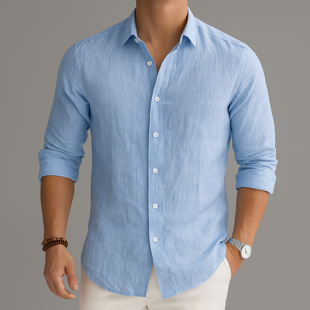 Men's Linen-Look Button-Up Shirt with Spread Collar | Arden - Blue