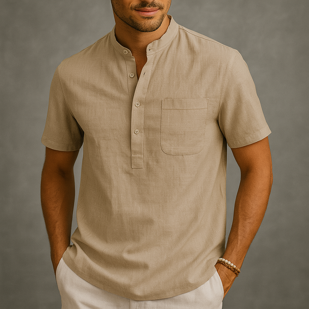 Men's Linen-Look Henley Shirt with Chest Pocket | Arden - Khaki