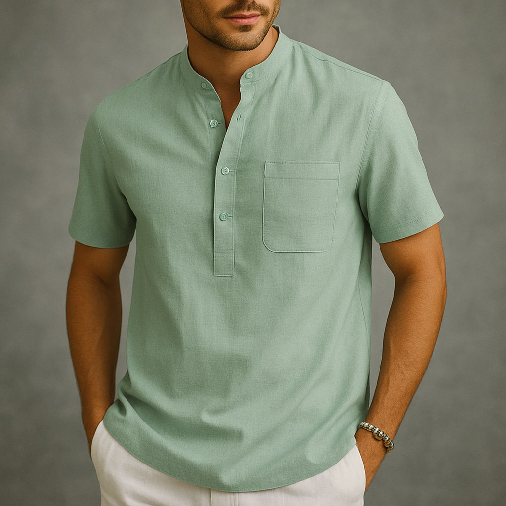 Men's Linen-Look Henley Shirt with Chest Pocket | Arden - Green