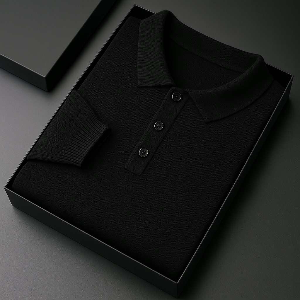 Men's Fine Knit Polo Sweater with Button Placket | Arden - Black