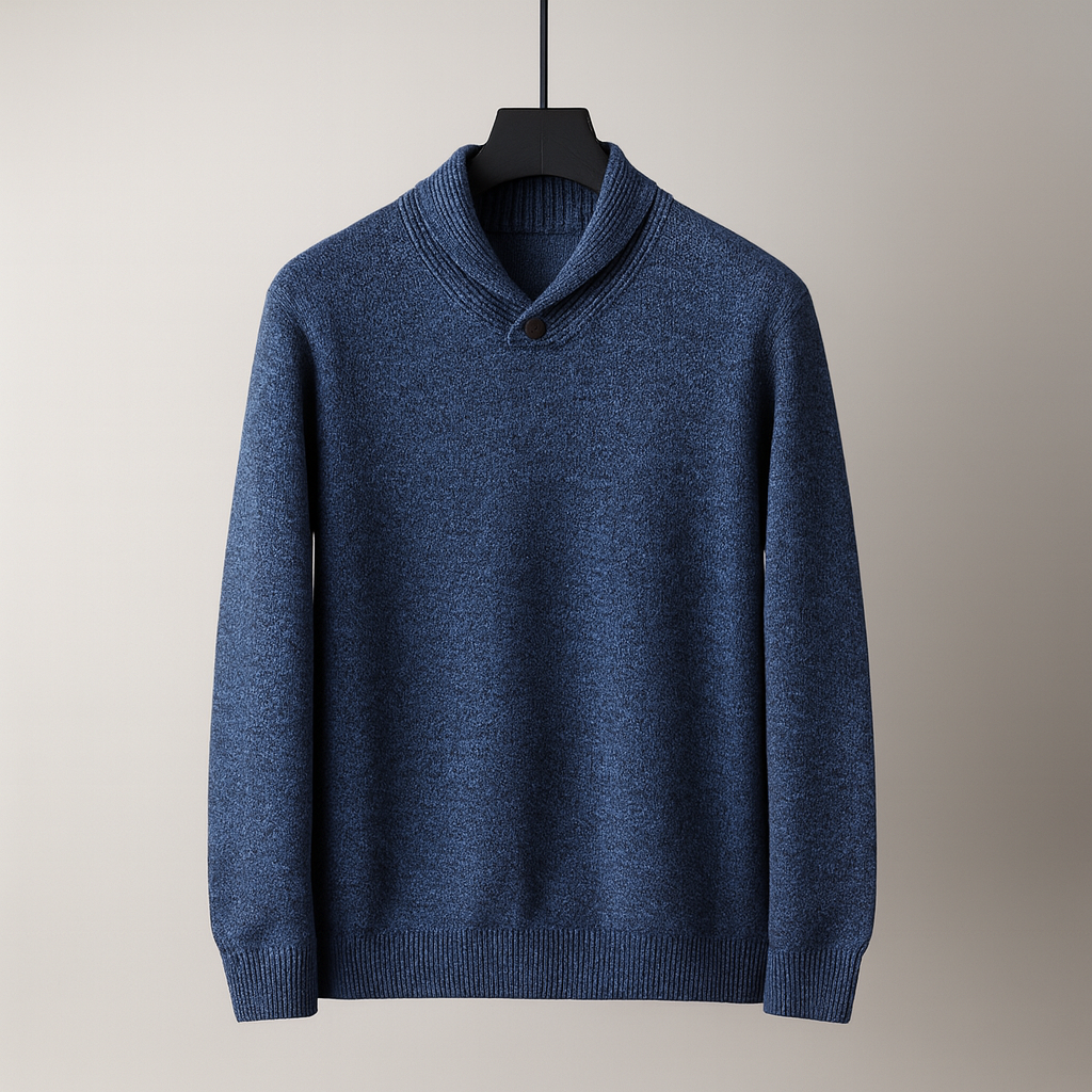 Men's Shawl Collar Sweater in Smooth Fine Knit | Savoni - Blue