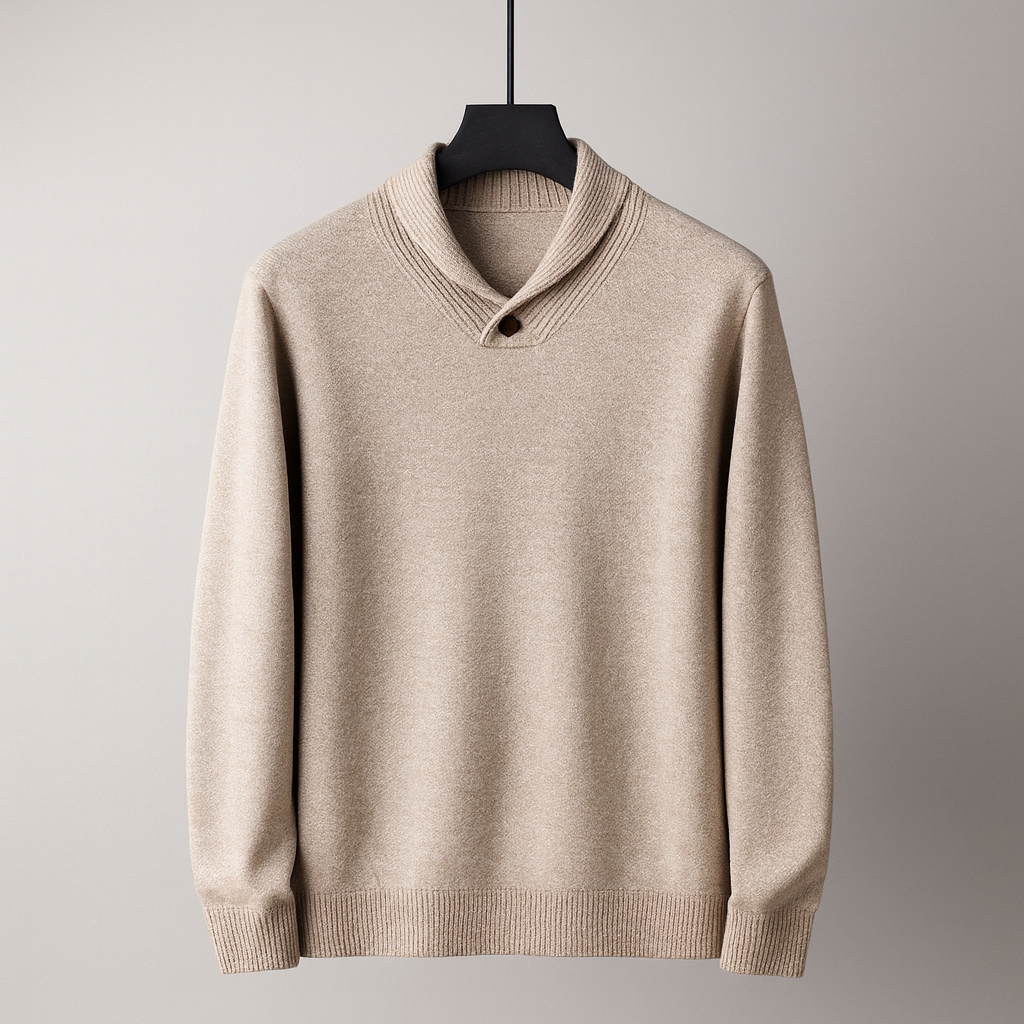 Men's Shawl Collar Sweater in Smooth Fine Knit | Savoni - Beige