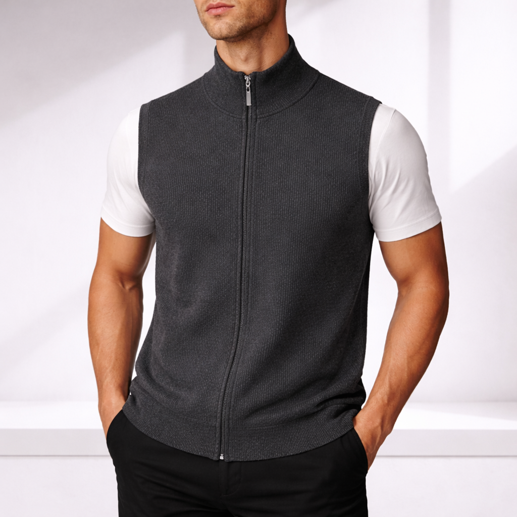 Men's Zip-Up Knit Sweater Vest with Stand Collar | Savoni