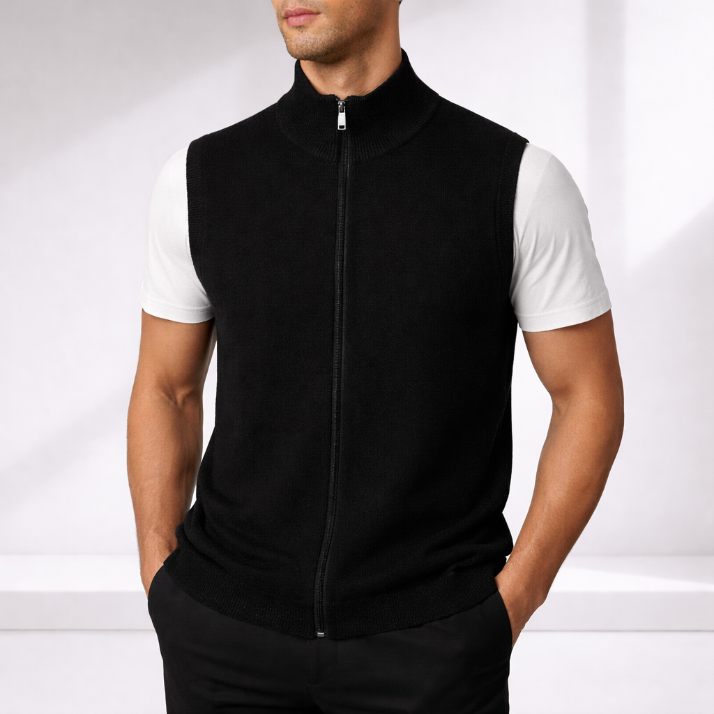 Men's Zip-Up Knit Sweater Vest with Stand Collar | Savoni