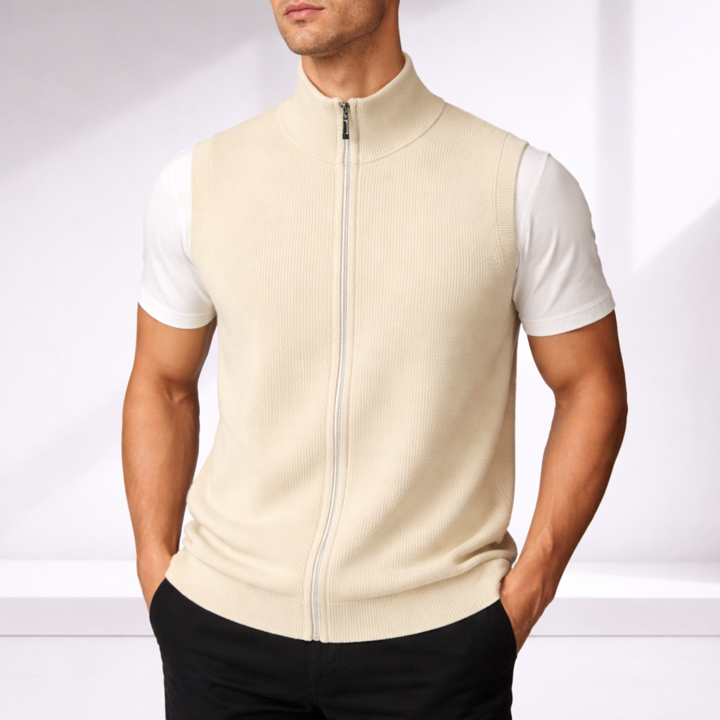 Men's Zip-Up Knit Sweater Vest with Stand Collar | Savoni