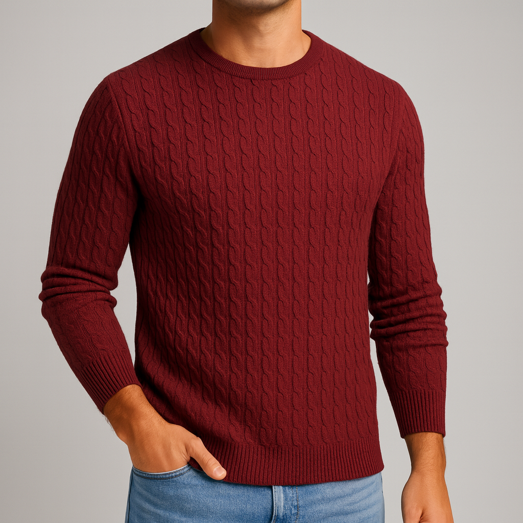 Men's Fine Cable Knit Crewneck Sweater | Savoni - Red