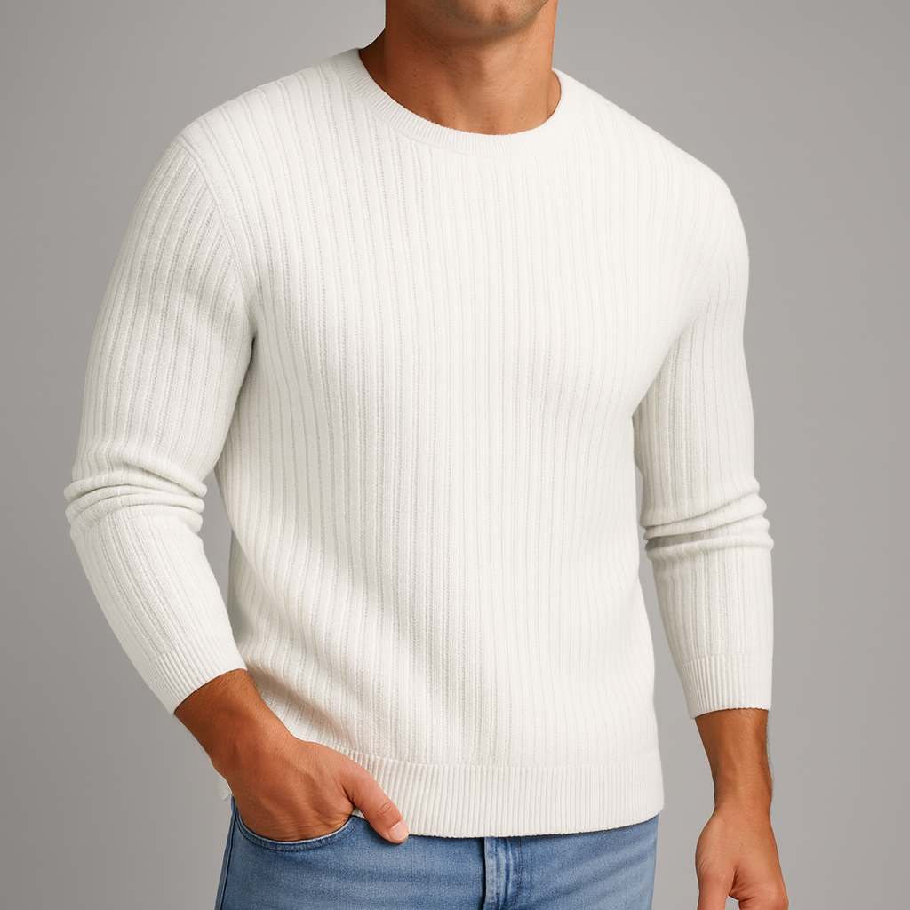 Men's Fine Cable Knit Crewneck Sweater | Savoni - White