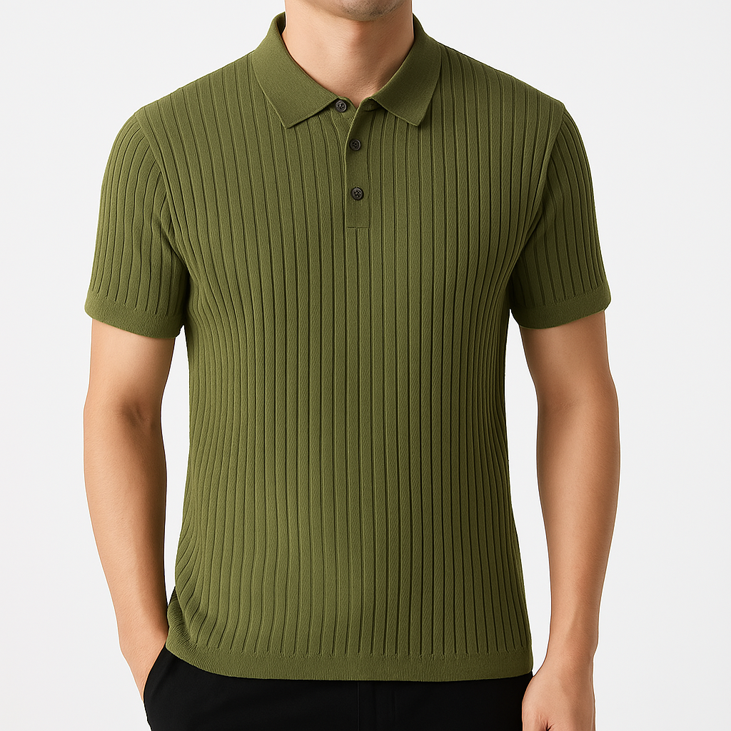 Men's Ribbed Knit Polo Shirt with Button Placket | Savoni - Green