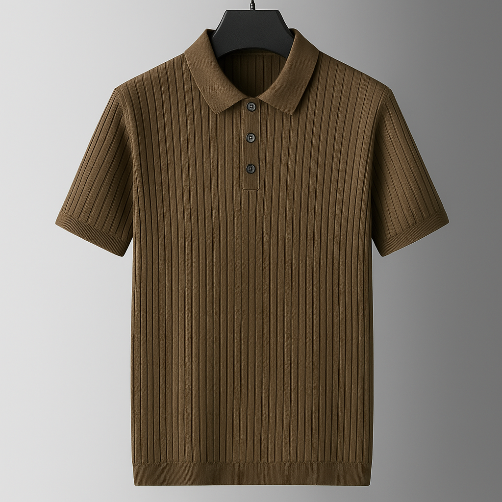 Men's Ribbed Knit Polo Shirt with Button Placket | Savoni