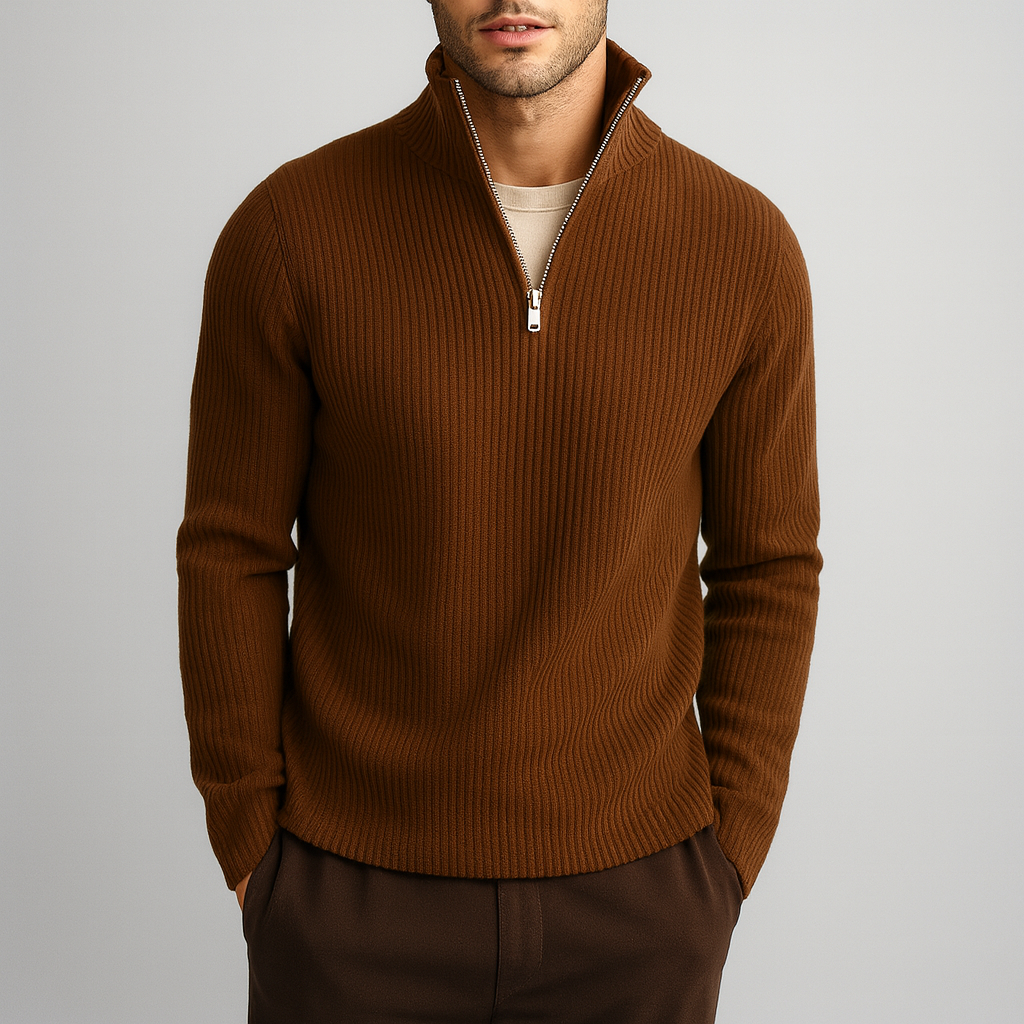 Men's Ribbed Quarter-Zip Sweater in Fine Knit | Savoni - Brown