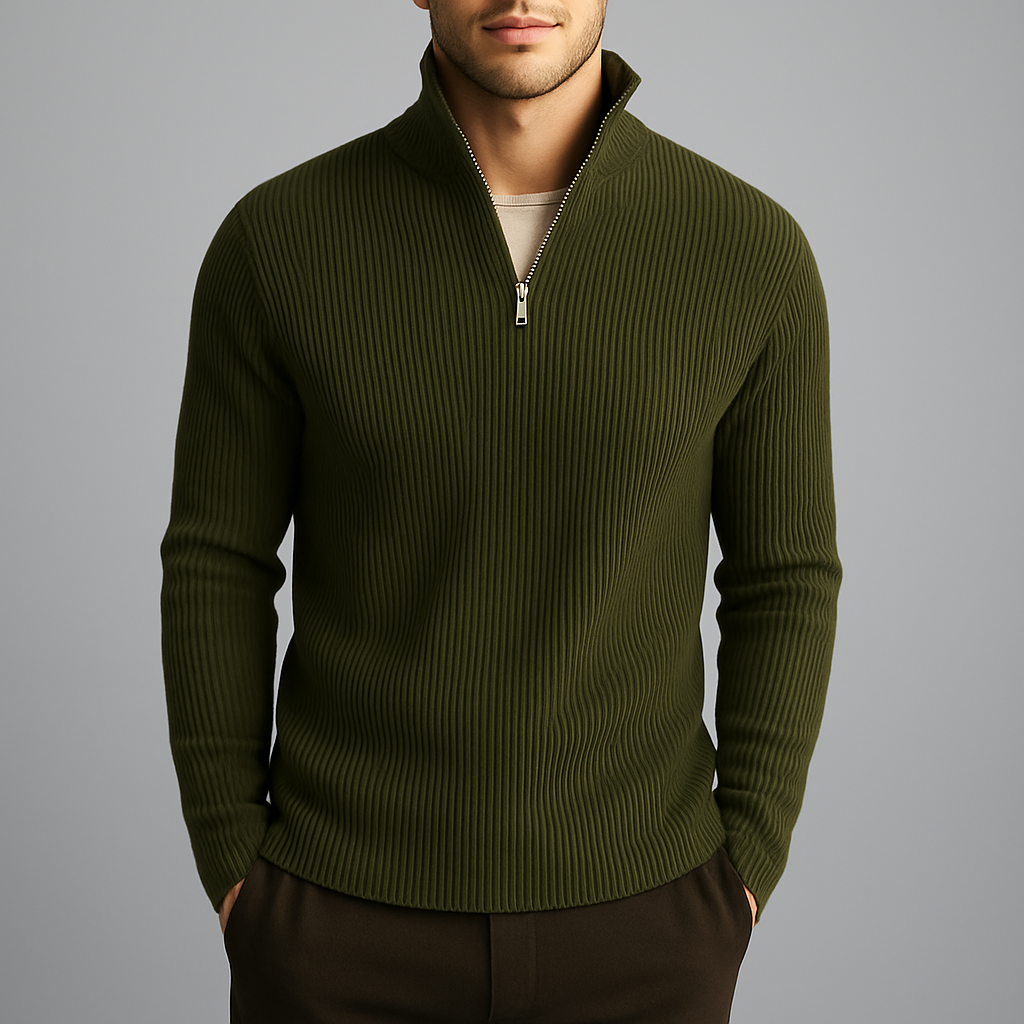 Men's Ribbed Quarter-Zip Sweater in Fine Knit | Savoni - Green