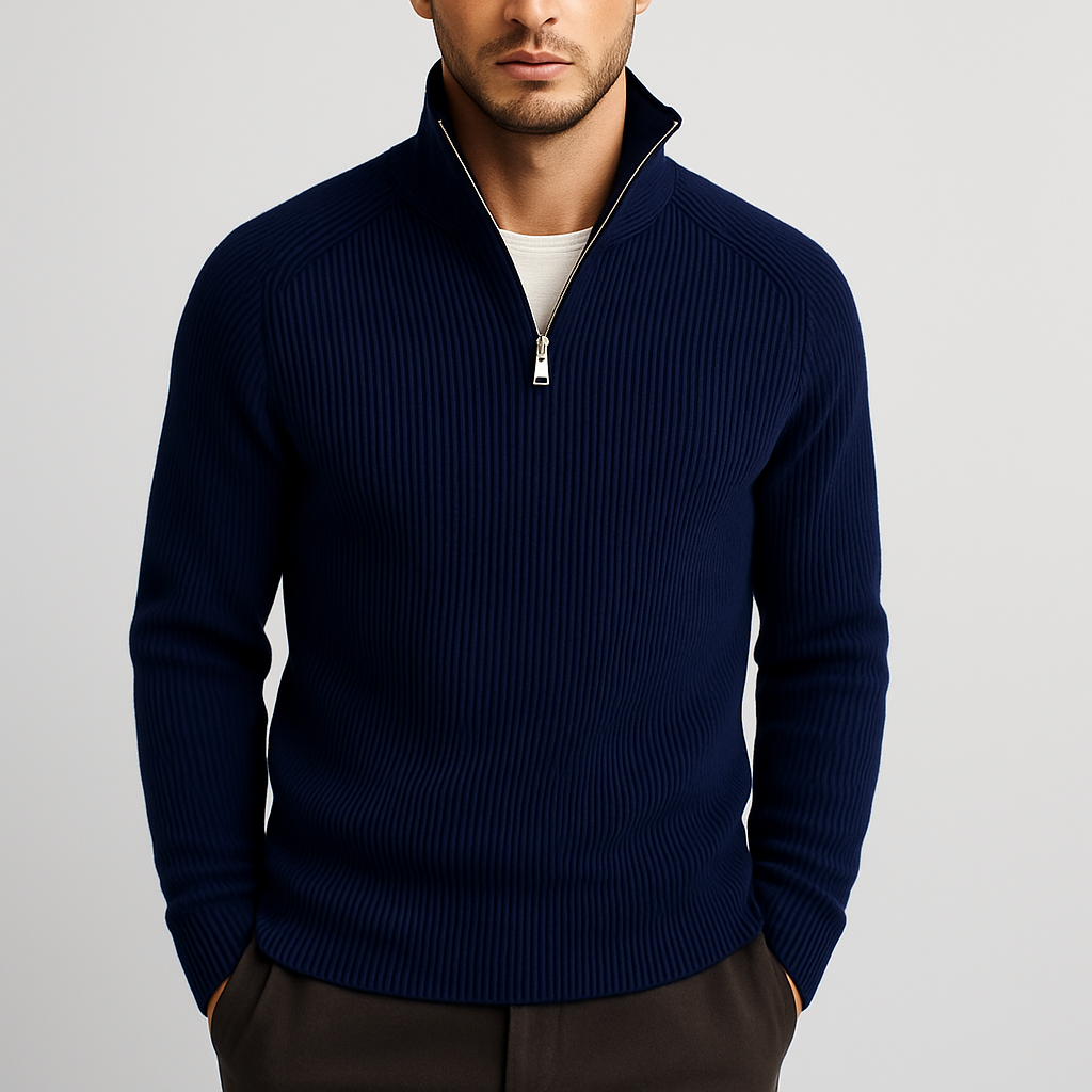 Men's Ribbed Quarter-Zip Sweater in Fine Knit | Savoni - Blue