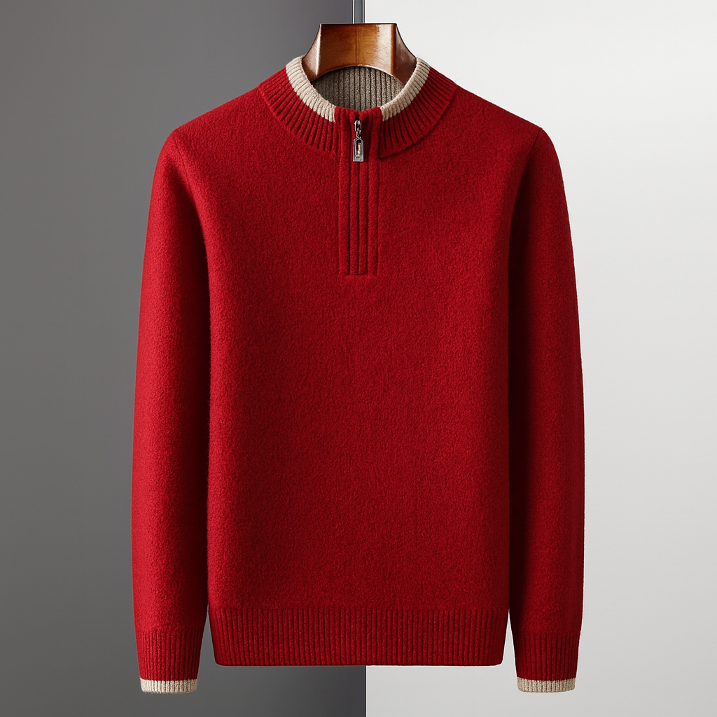 Men's Fine Knit Quarter-Zip with Contrast Collar | Savoni - Red