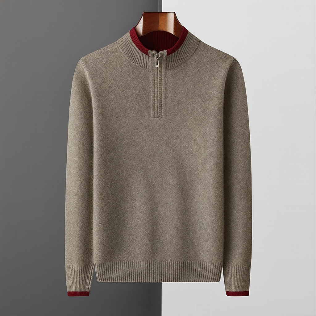 Men's Fine Knit Quarter-Zip with Contrast Collar | Savoni - Khaki