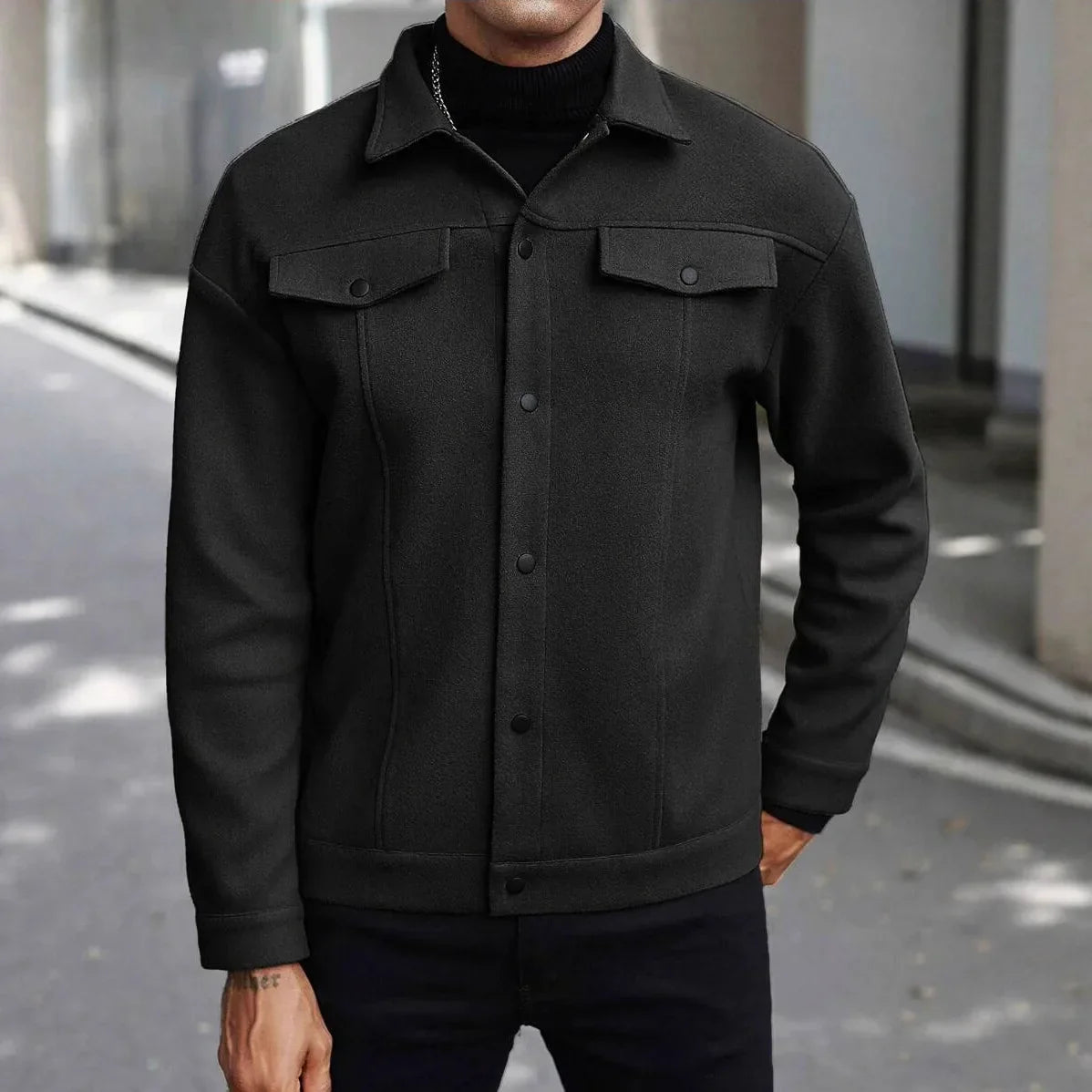 Men's Wool Look Jacket with Button Front | Savoni - Black