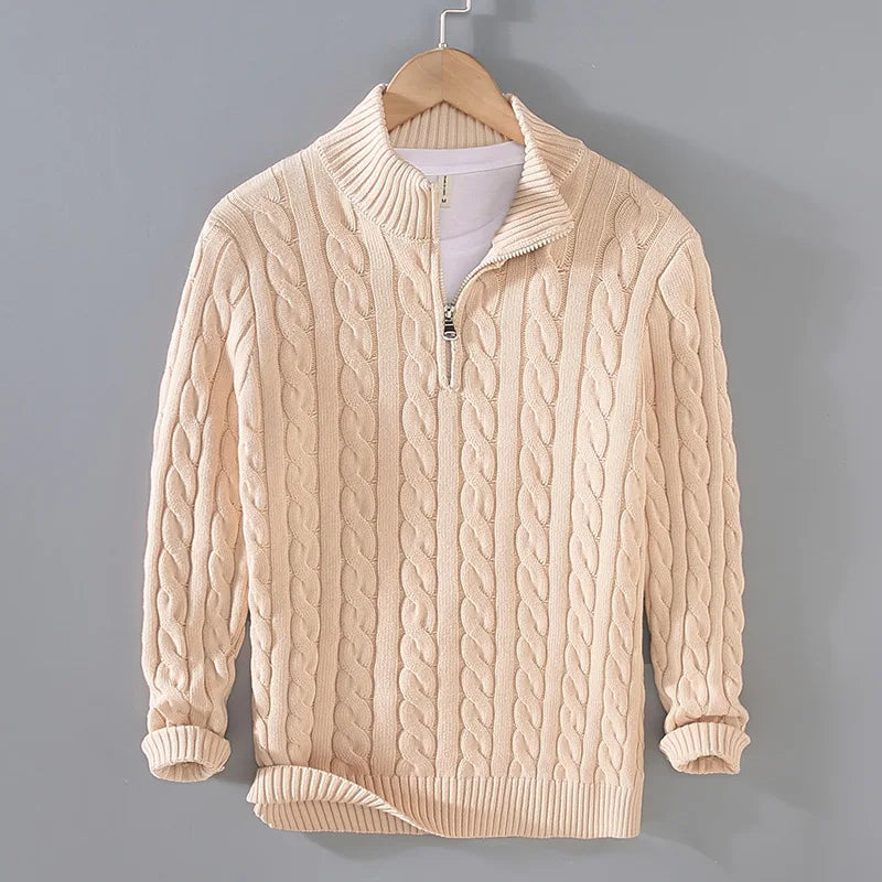 Men's Cable Knit Half-Zip Sweater with Collar | Arden - Beige