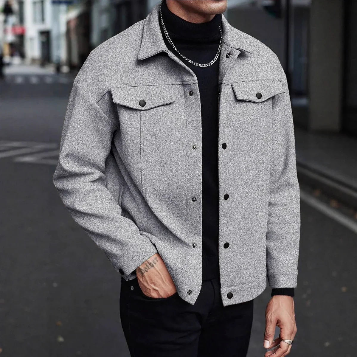 Men's Wool Look Jacket with Button Front | Savoni - Gray