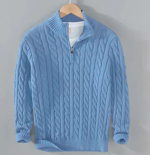 Men's Cable Knit Half-Zip Sweater with Collar | Arden - Light Blue