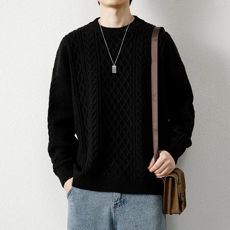Men's Diamond Cable Knit Sweater with Crew Neck | Arden - Black