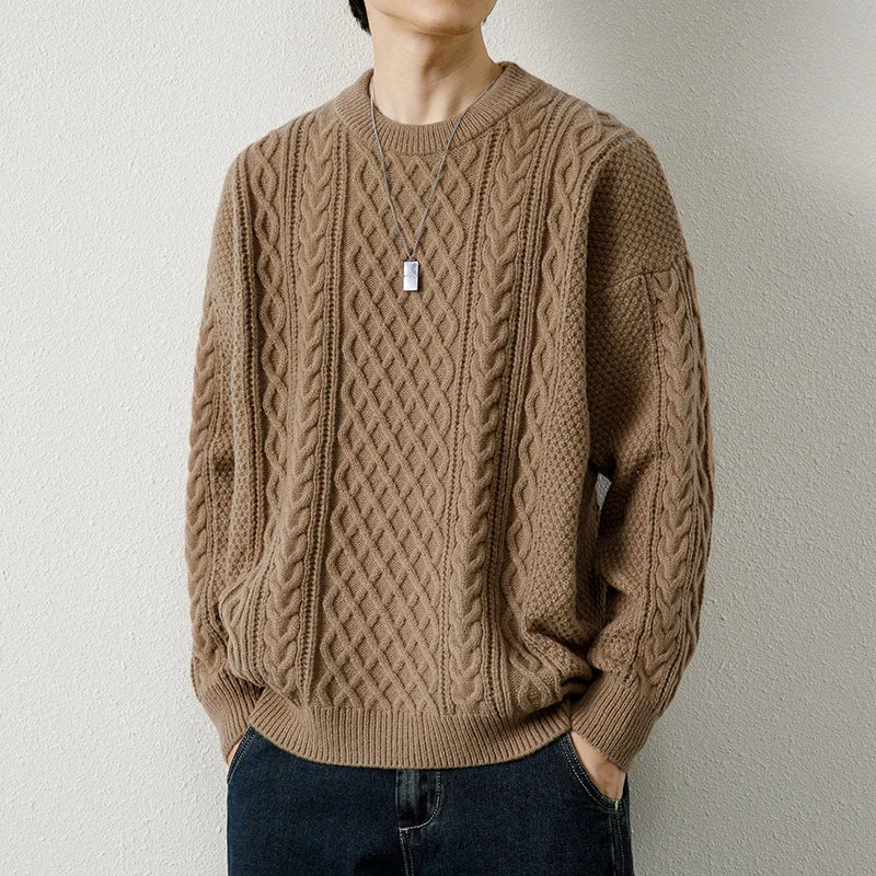 Men's Diamond Cable Knit Sweater with Crew Neck | Arden - Brown