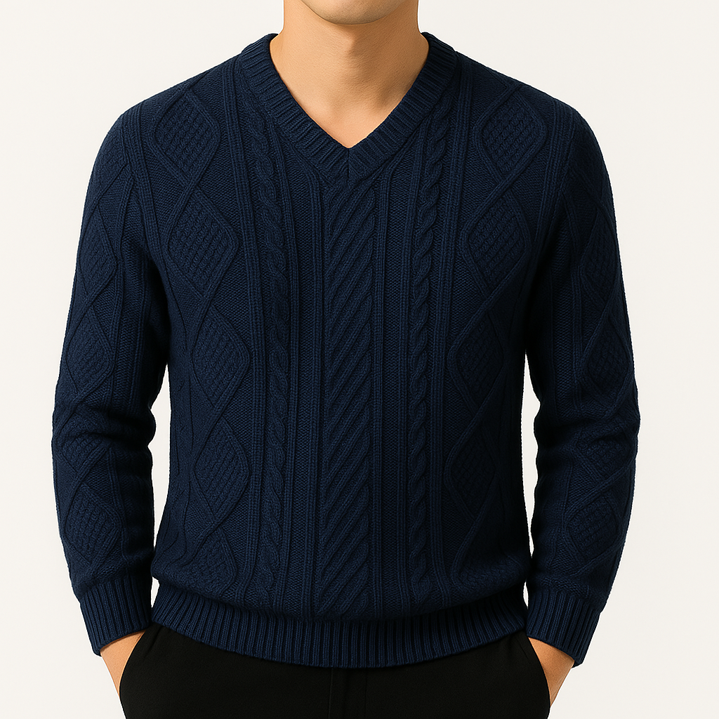 Men's Cable Knit V-Neck Sweater, Long Sleeve | Savoni - Blue