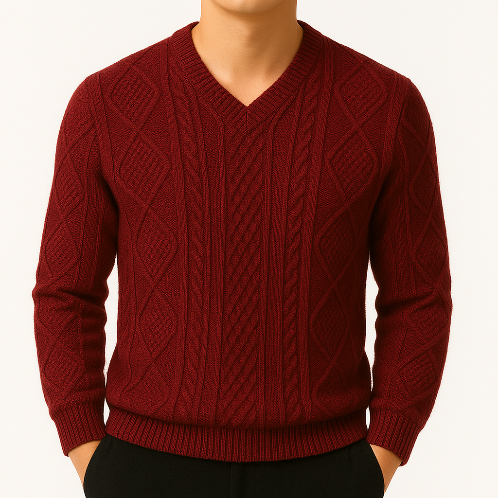 Men's Cable Knit V-Neck Sweater, Long Sleeve | Savoni - Red