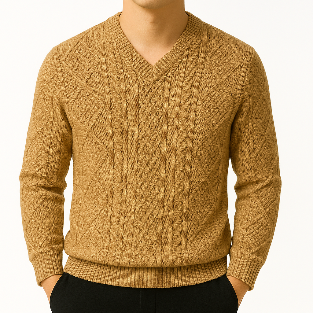 Men's Cable Knit V-Neck Sweater, Long Sleeve | Savoni - Taupe