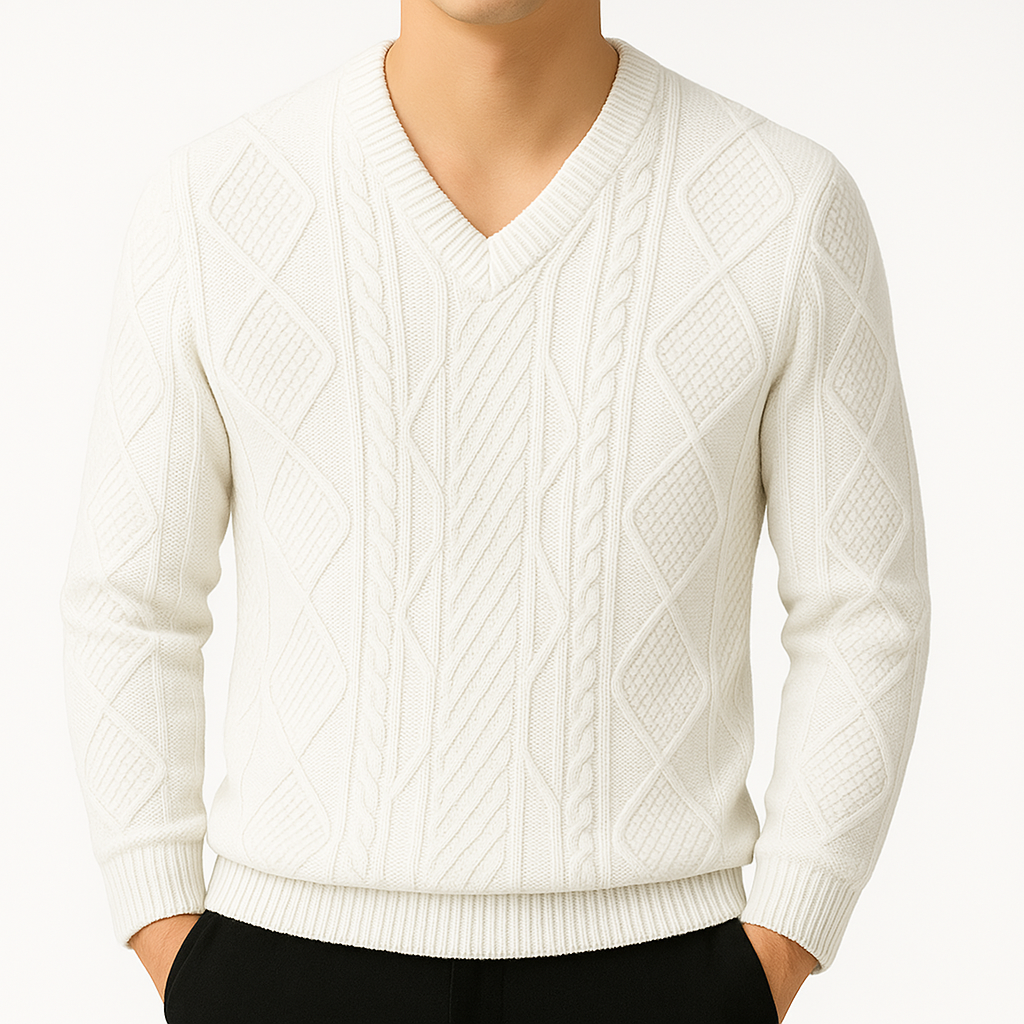 Men's Cable Knit V-Neck Sweater, Long Sleeve | Savoni - White