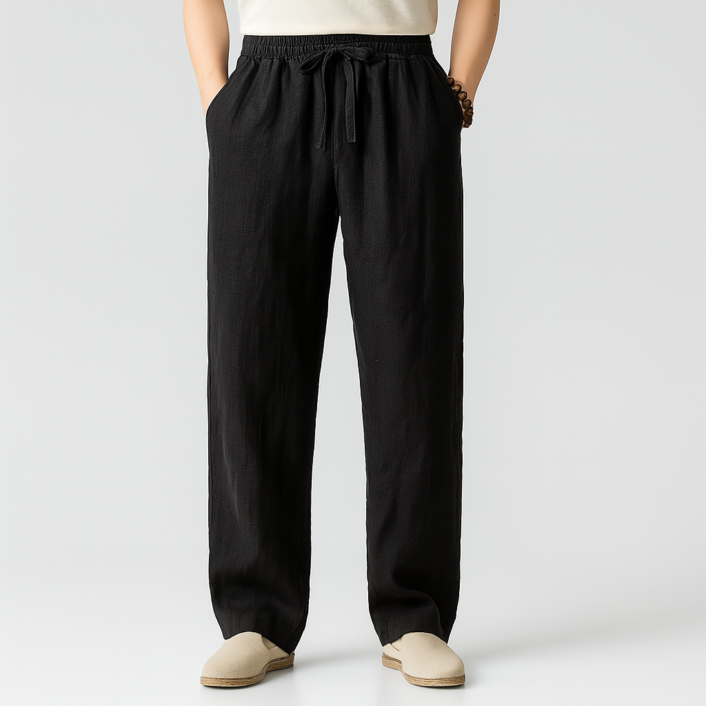 Men's Linen-Look Trousers with Drawstring Waist | Avani - Black